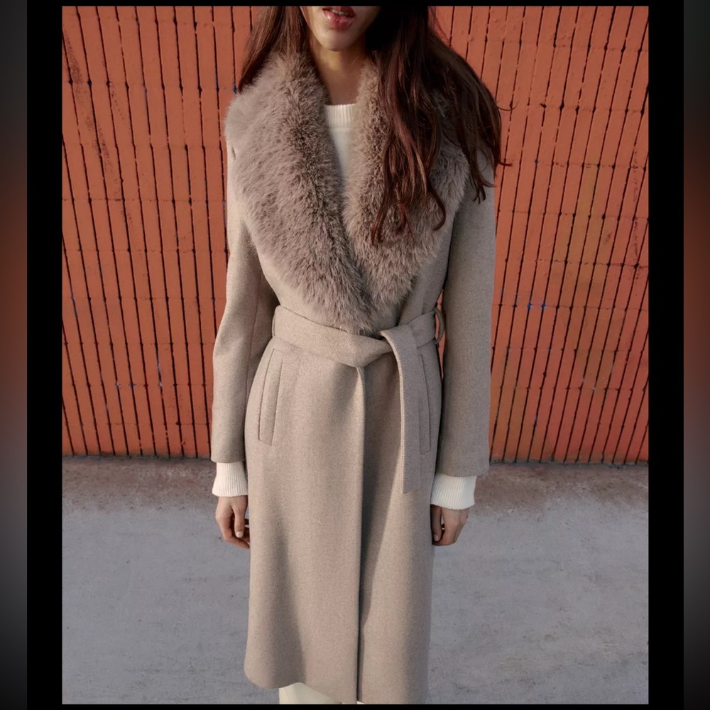 Zara wool Coat with faux fur lapel, light mink, 2026